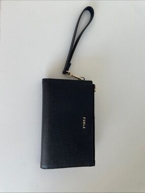 Furla Black Leather Wristlet with Gold Hardware